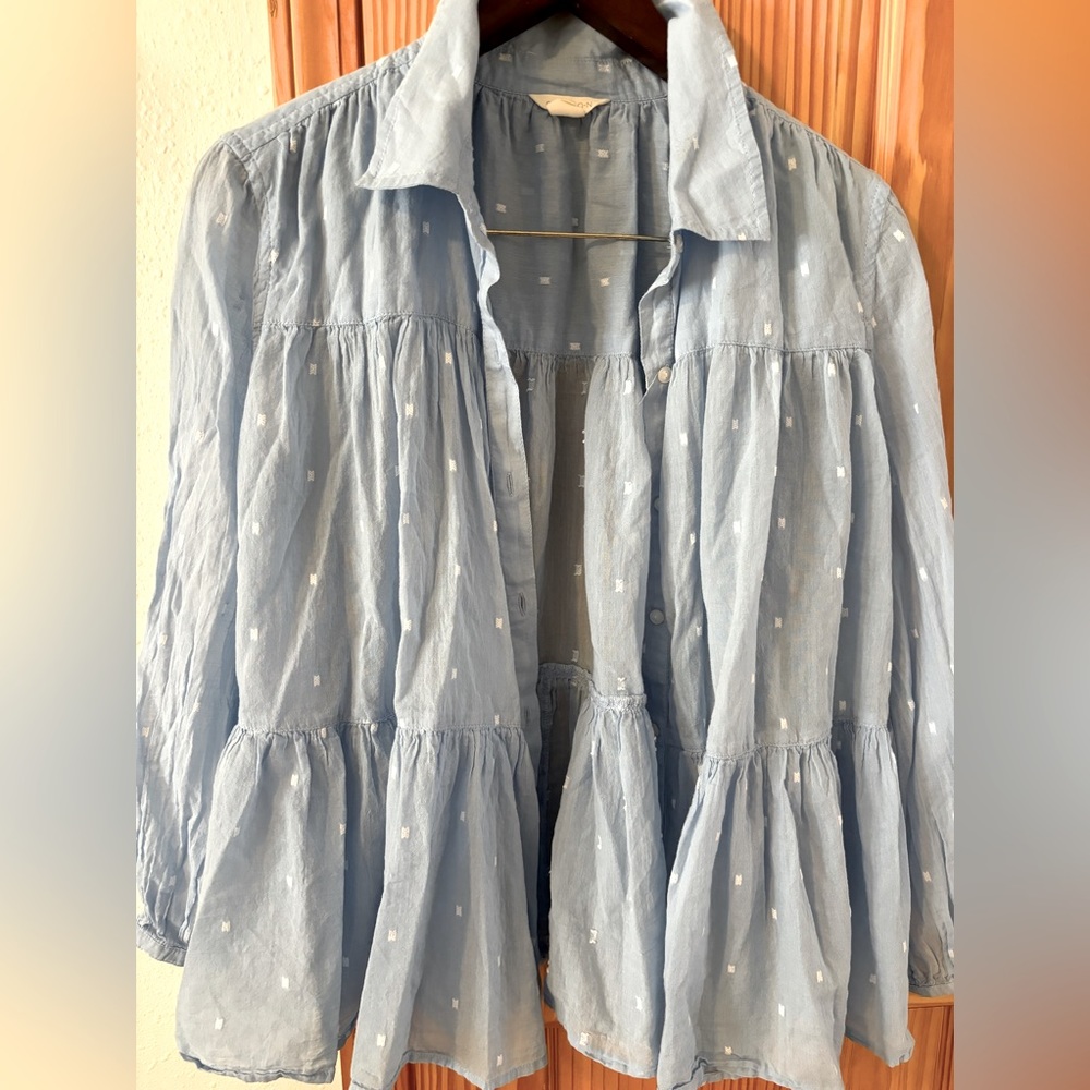 Light blue with print button up shirt. All cotton.